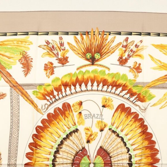 HERMES Carre 90 Scarf ""BRAZIL"" Silk Beige Auth am9005 - Picture 3 of 14